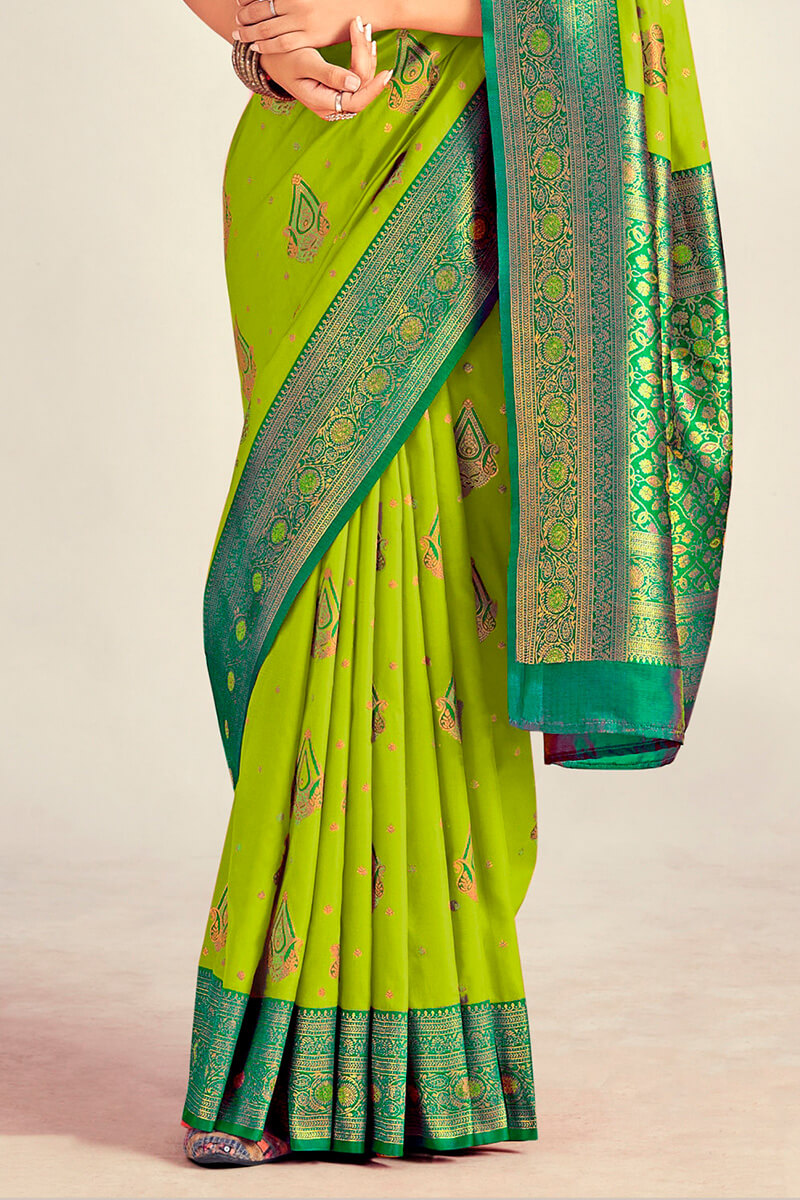 Icky Green Soft Banarasi Silk Saree