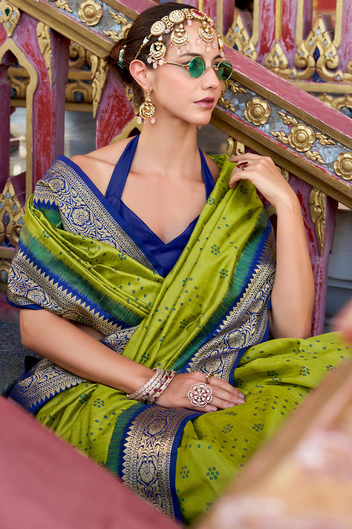 Icky Green Tussar Silk Saree