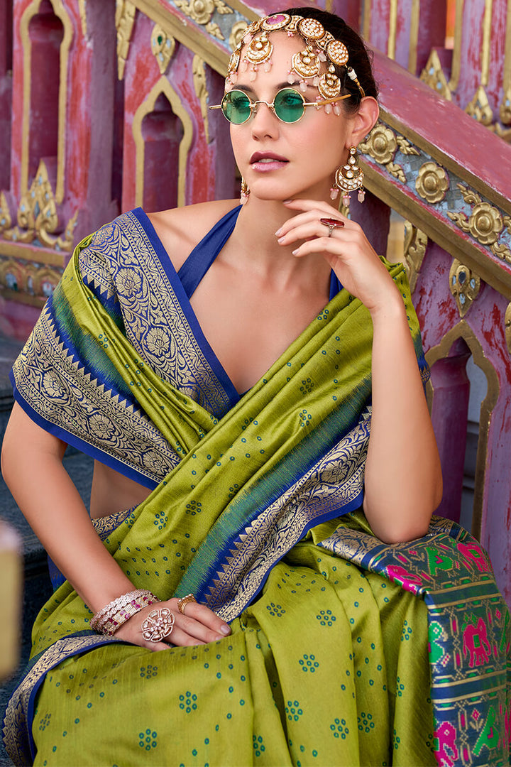 Icky Green Tussar Silk Saree