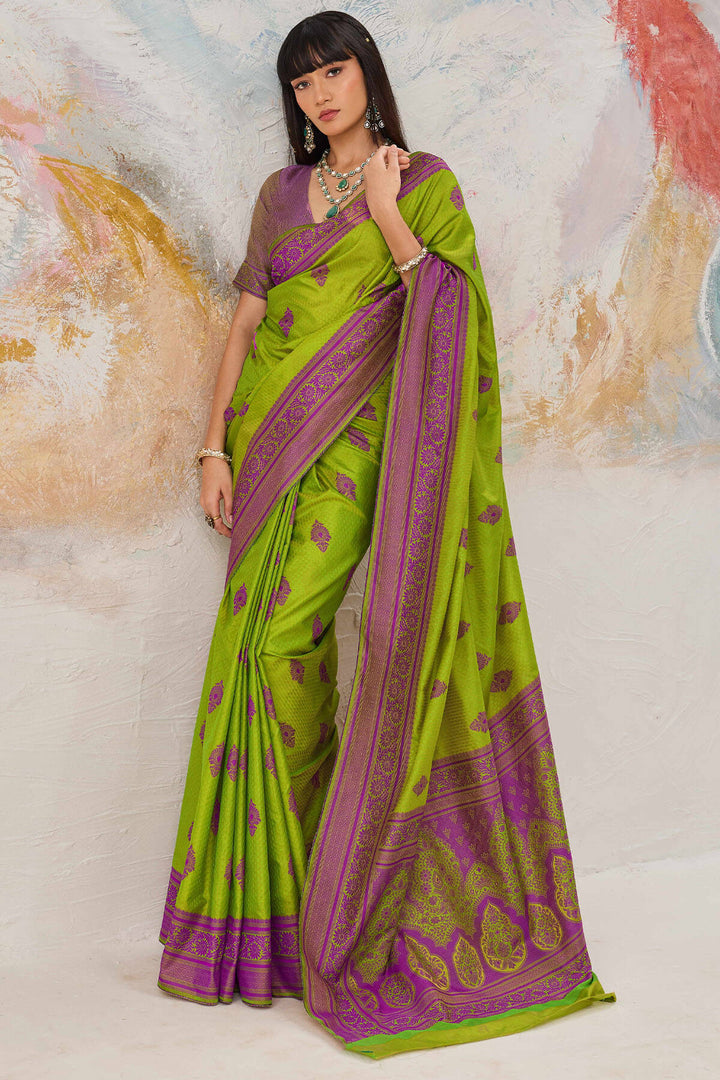 Icky Green Woven Kanjivaram Silk Saree