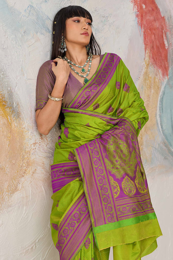 Icky Green Woven Kanjivaram Silk Saree