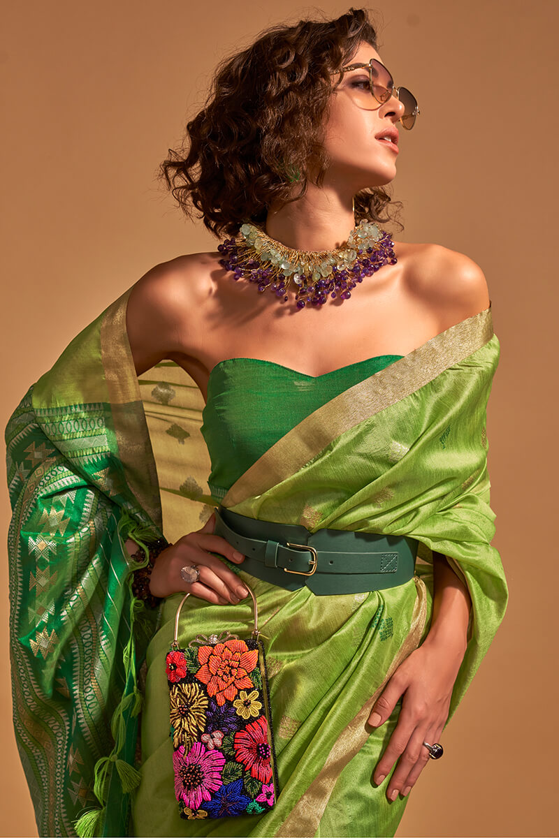 Icky Green Zari Woven Banarasi Silk Saree