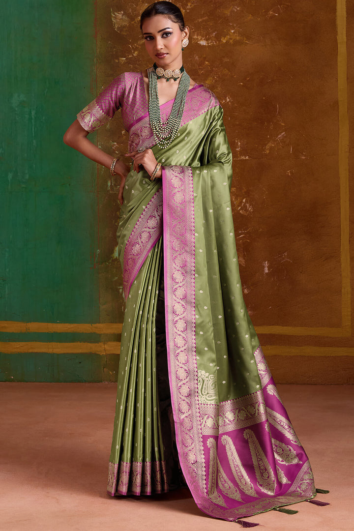 Iguana Green Banarasi Satin Silk Saree
