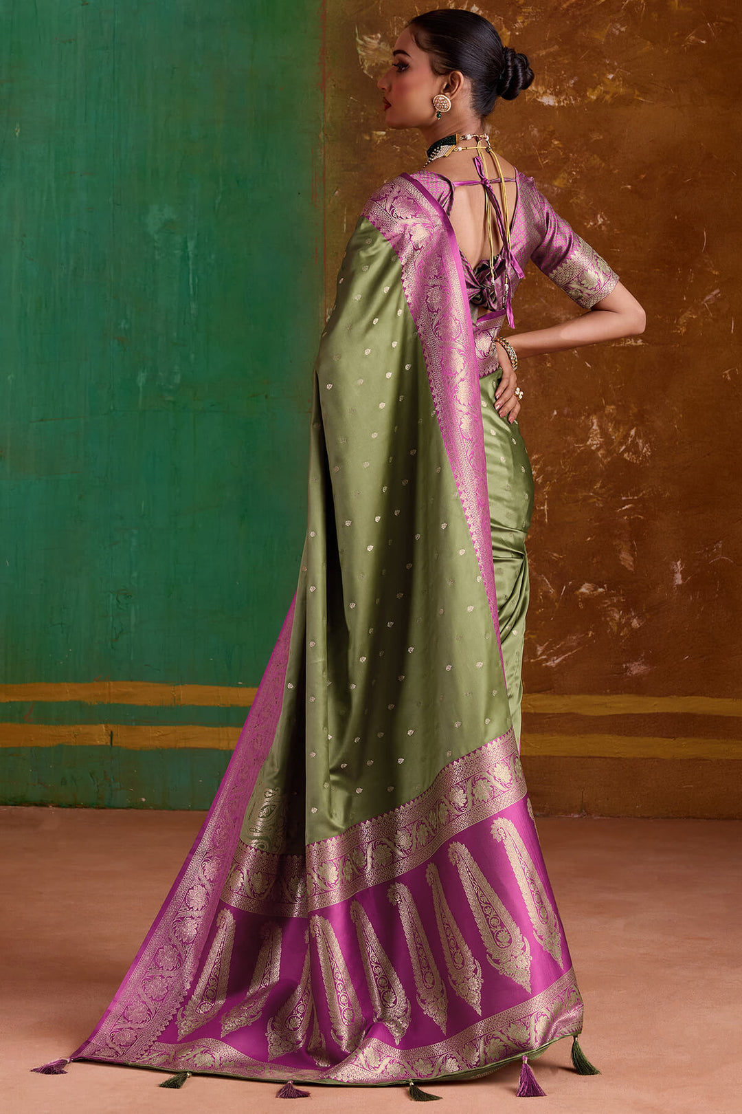 Iguana Green Banarasi Satin Silk Saree