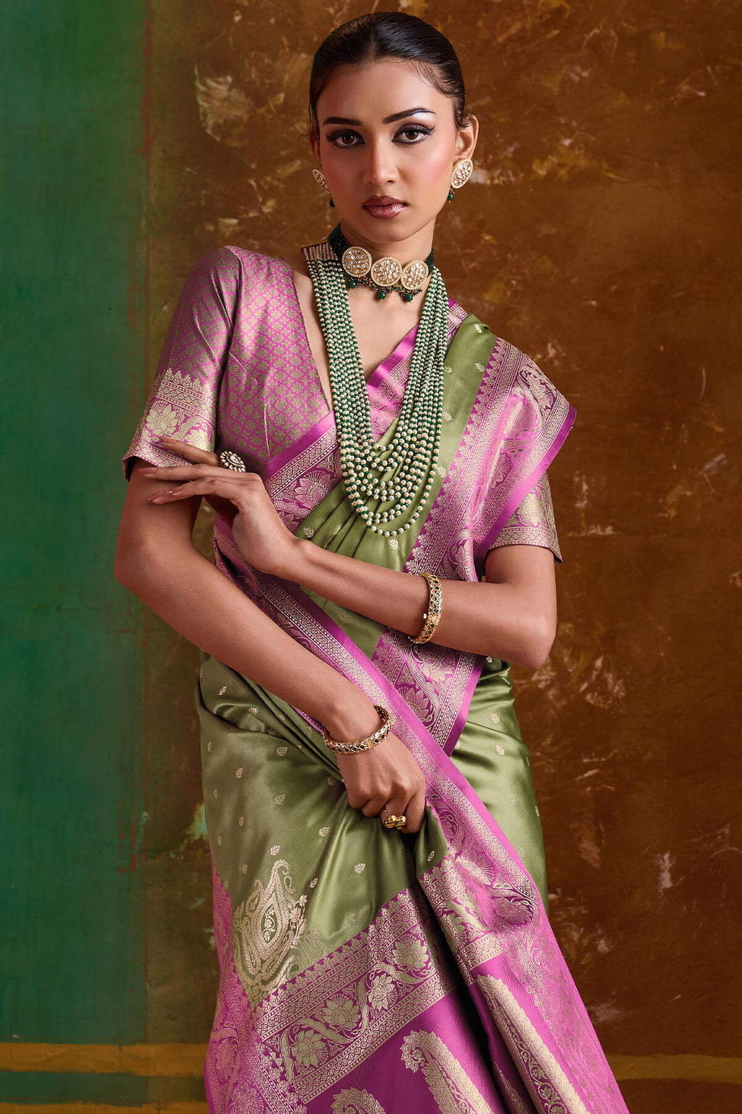 Iguana Green Banarasi Satin Silk Saree