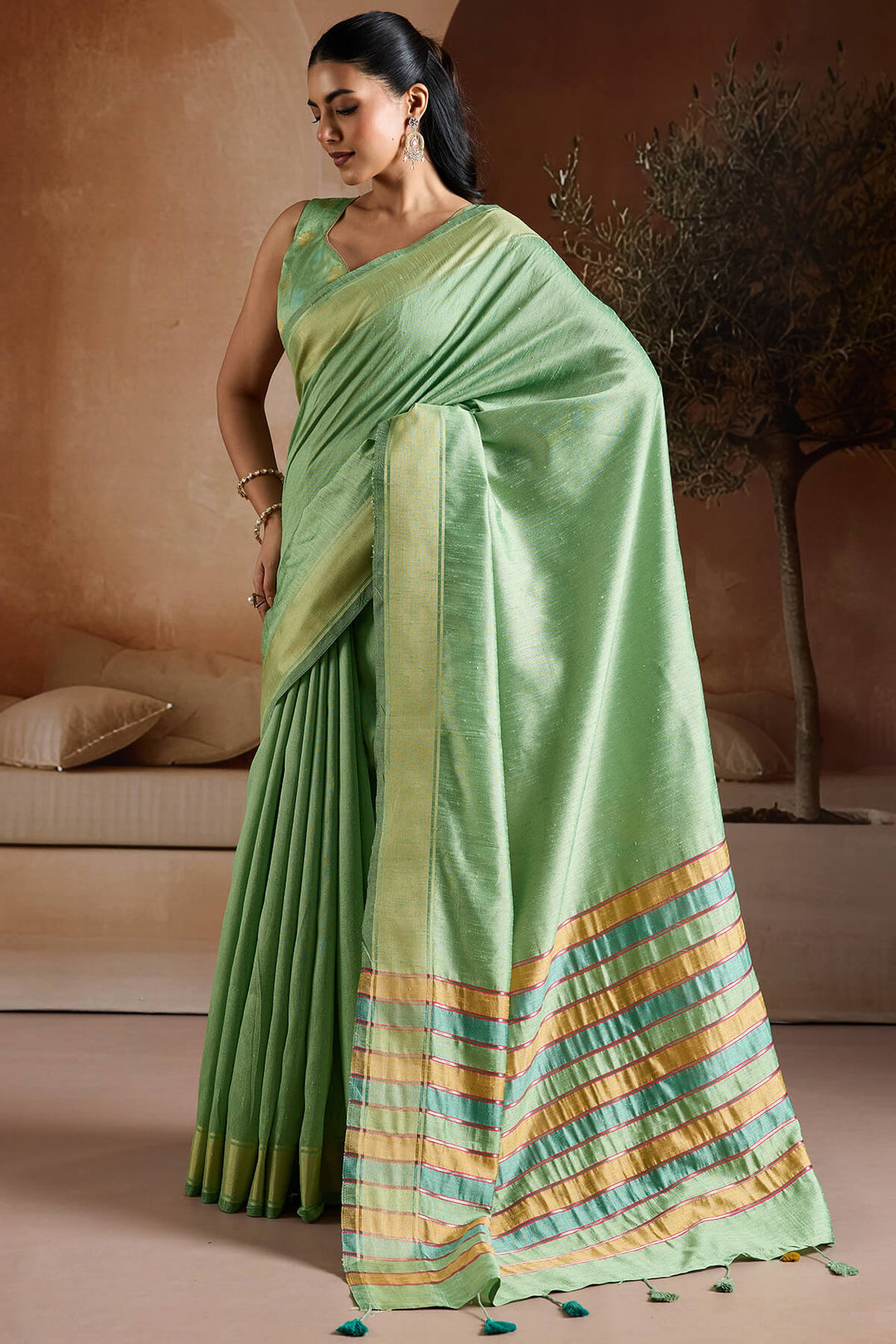Iguana Green Bhagalpuri Silk Saree