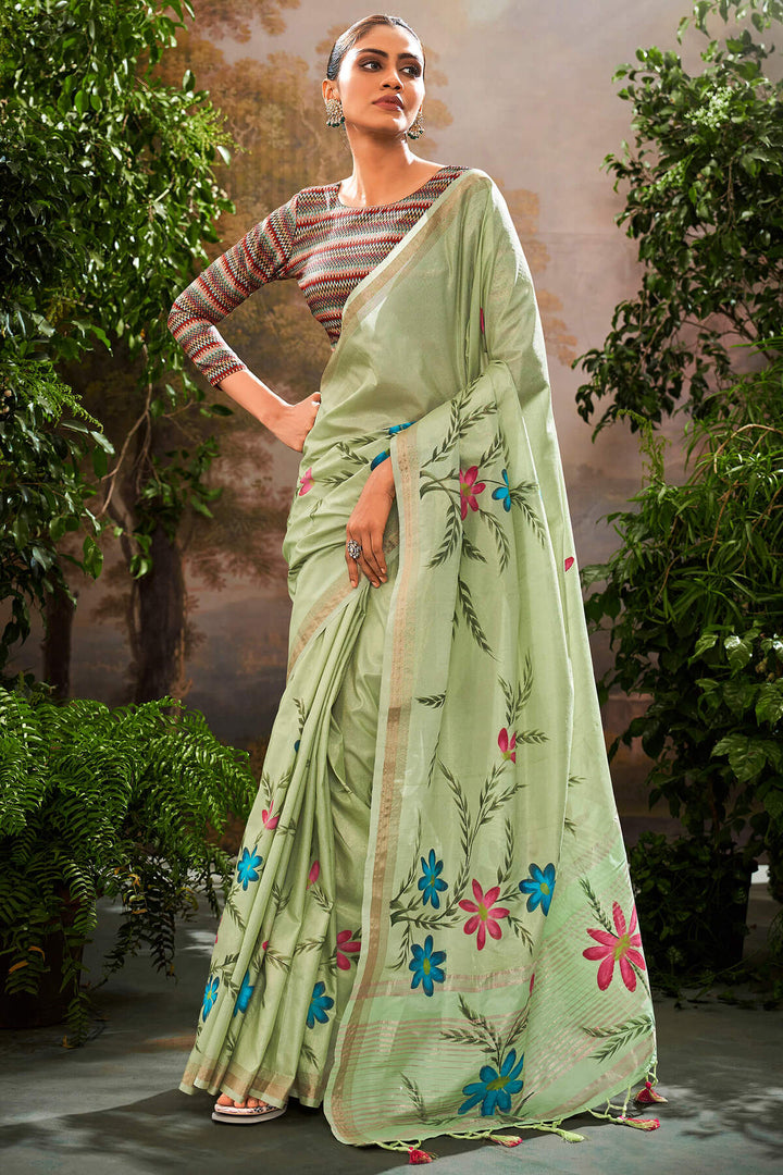 Iguana Green Brush Printed Linen Tissue Silk Saree