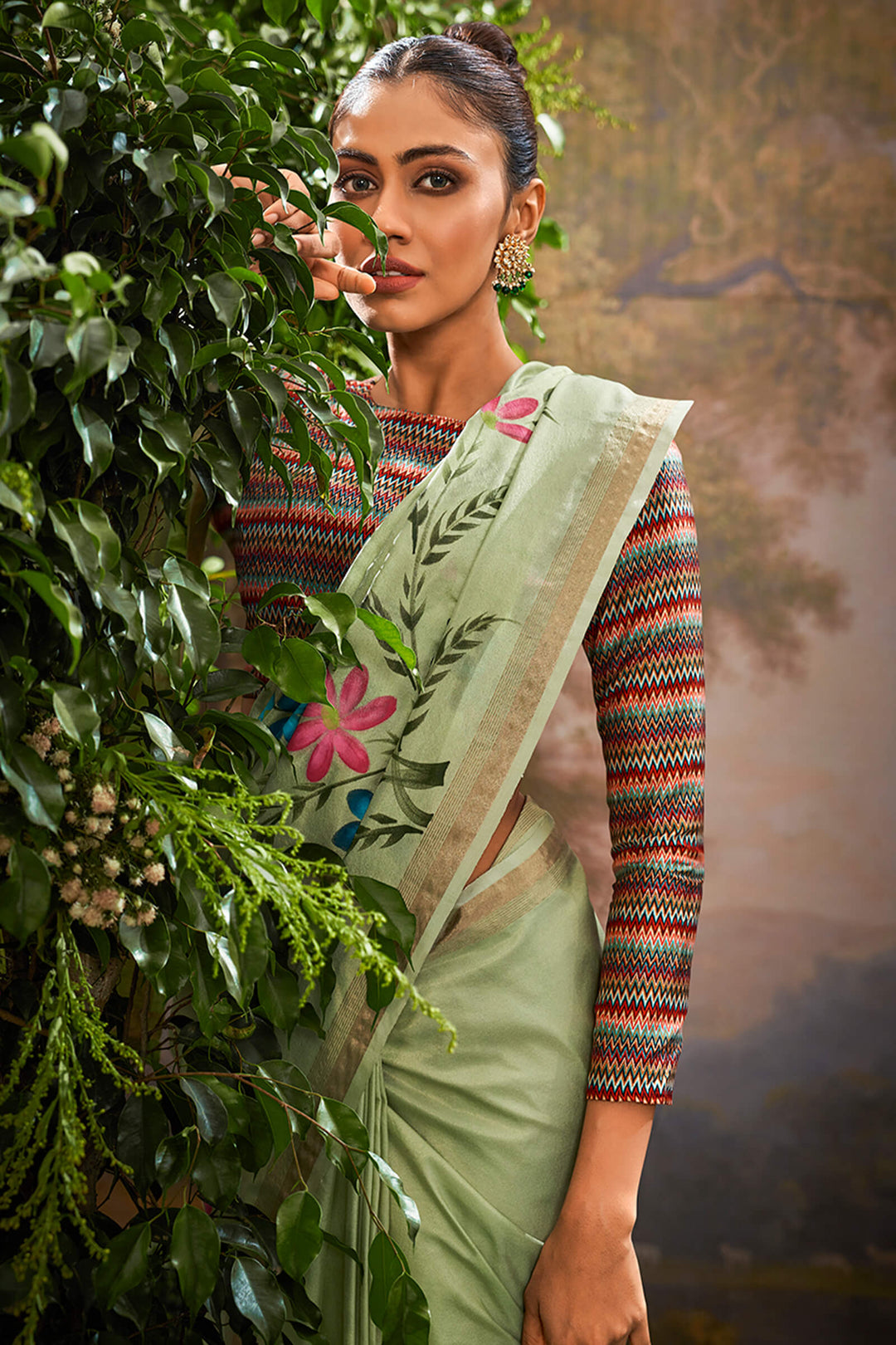 Iguana Green Brush Printed Linen Tissue Silk Saree