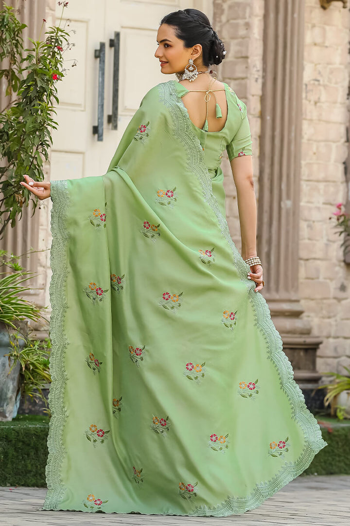 Iguana Green Embroidered Work Cotton Saree