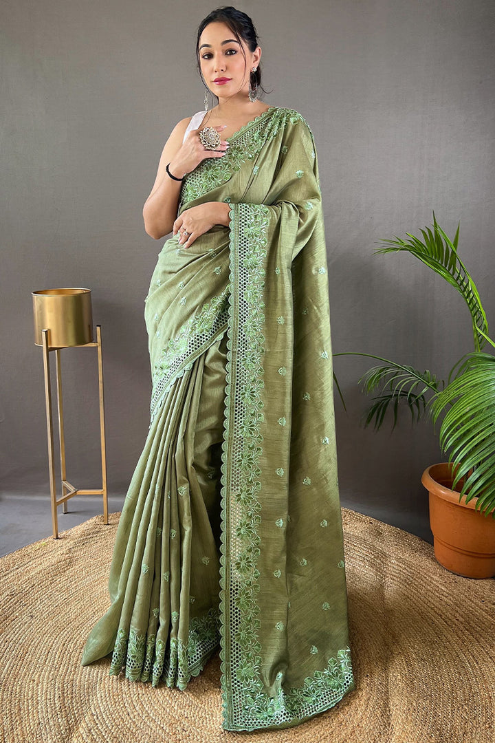 Iguana Green Embroidered Work Soft Silk Saree