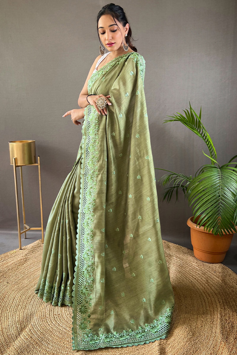 Iguana Green Embroidered Work Soft Silk Saree