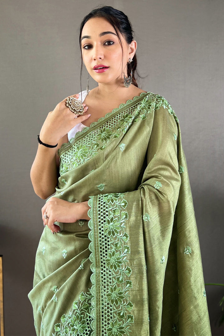 Iguana Green Embroidered Work Soft Silk Saree