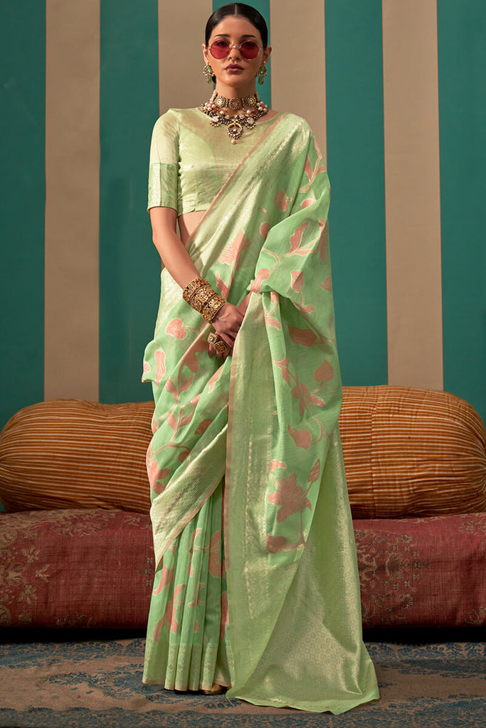 Iguana Green Handloom Linen Silk Saree