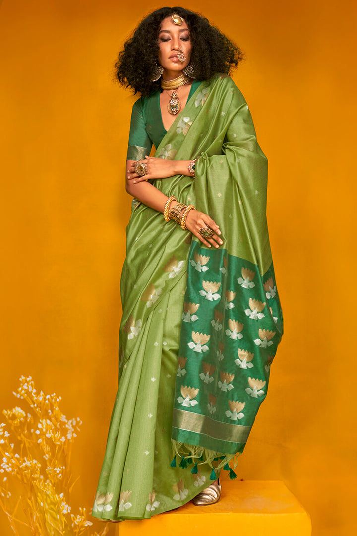 Iguana Green Handloom Tussar Silk Saree