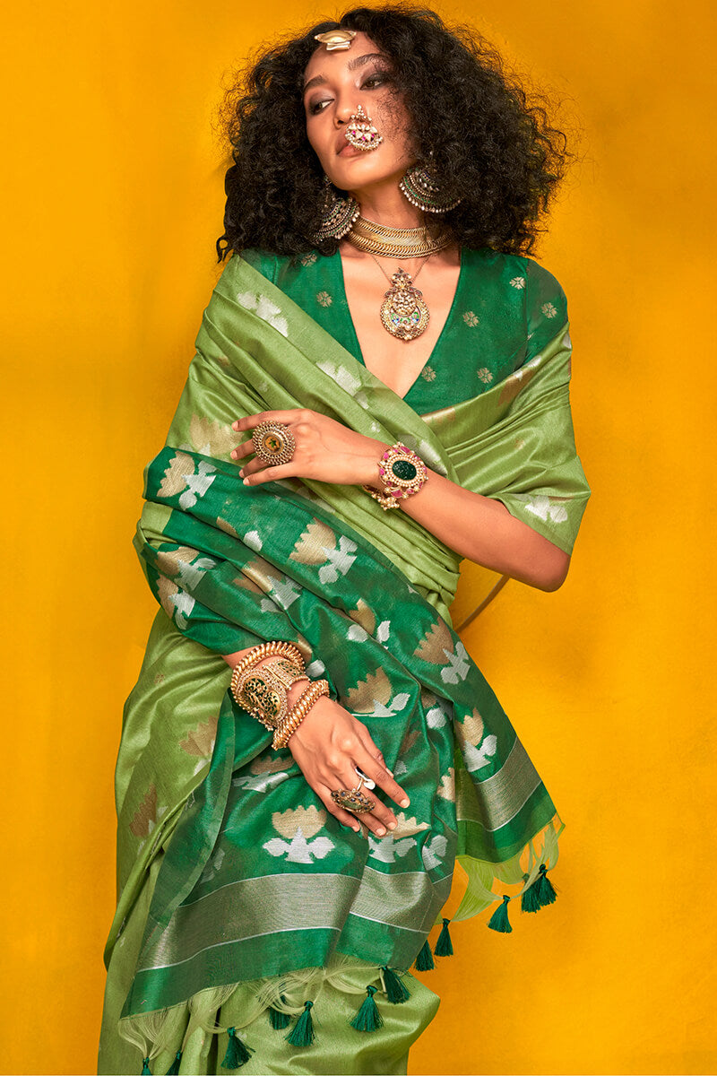 Iguana Green Handloom Tussar Silk Saree