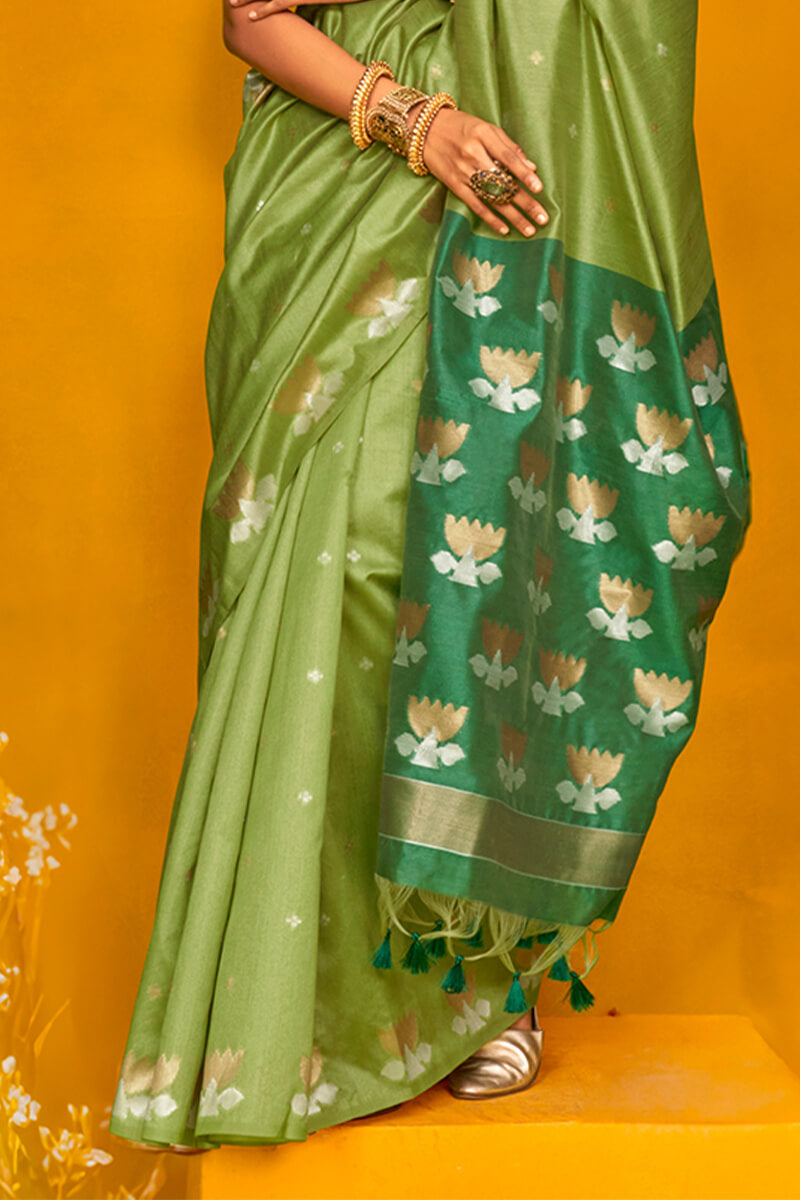 Iguana Green Handloom Tussar Silk Saree