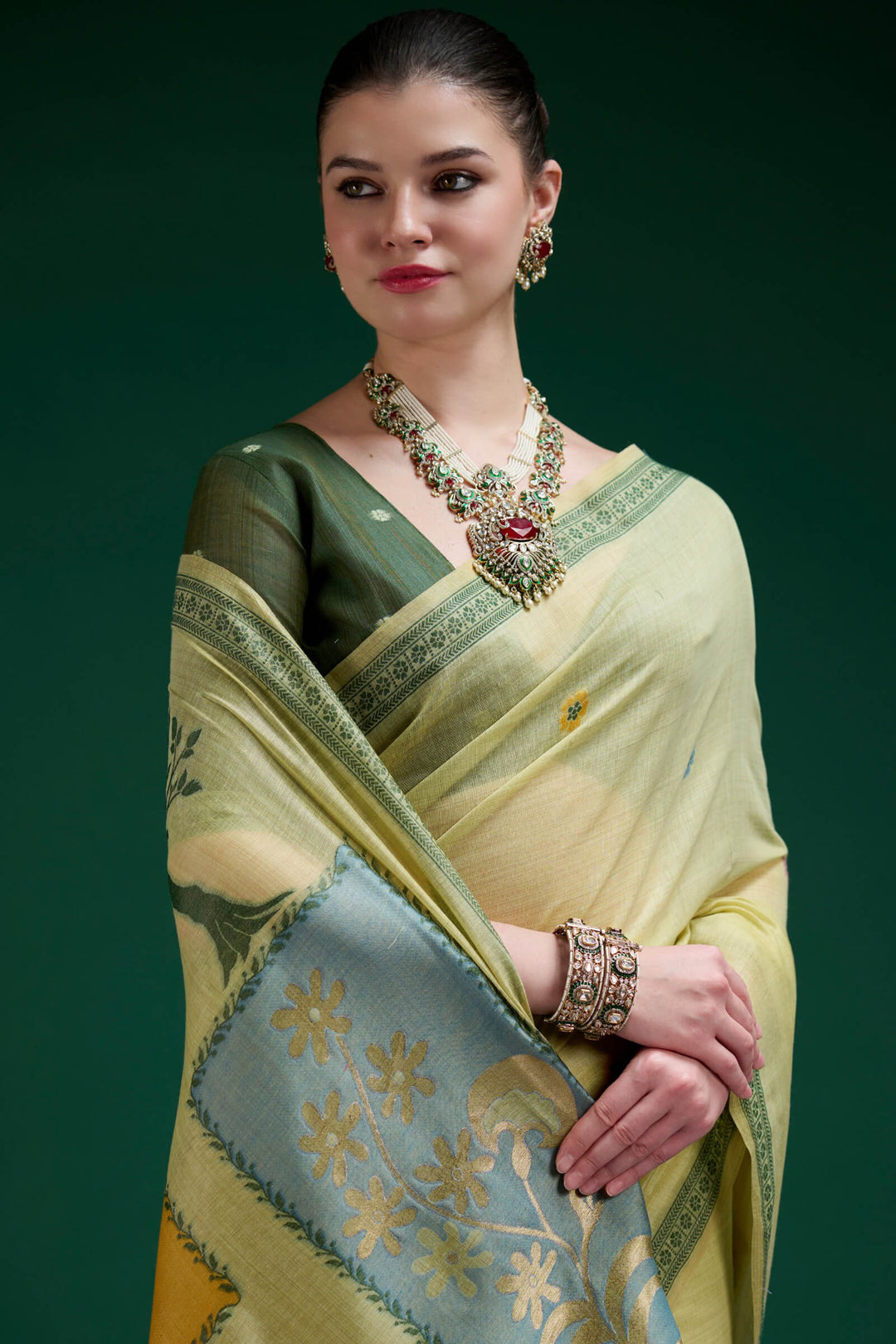 Iguana Green Jamdani Cotton Silk Saree