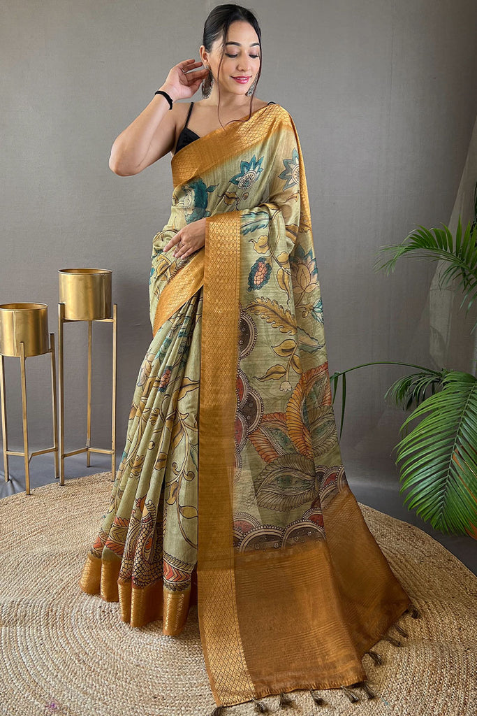 Iguana Green Kalamkari Printed Tussar silk Saree