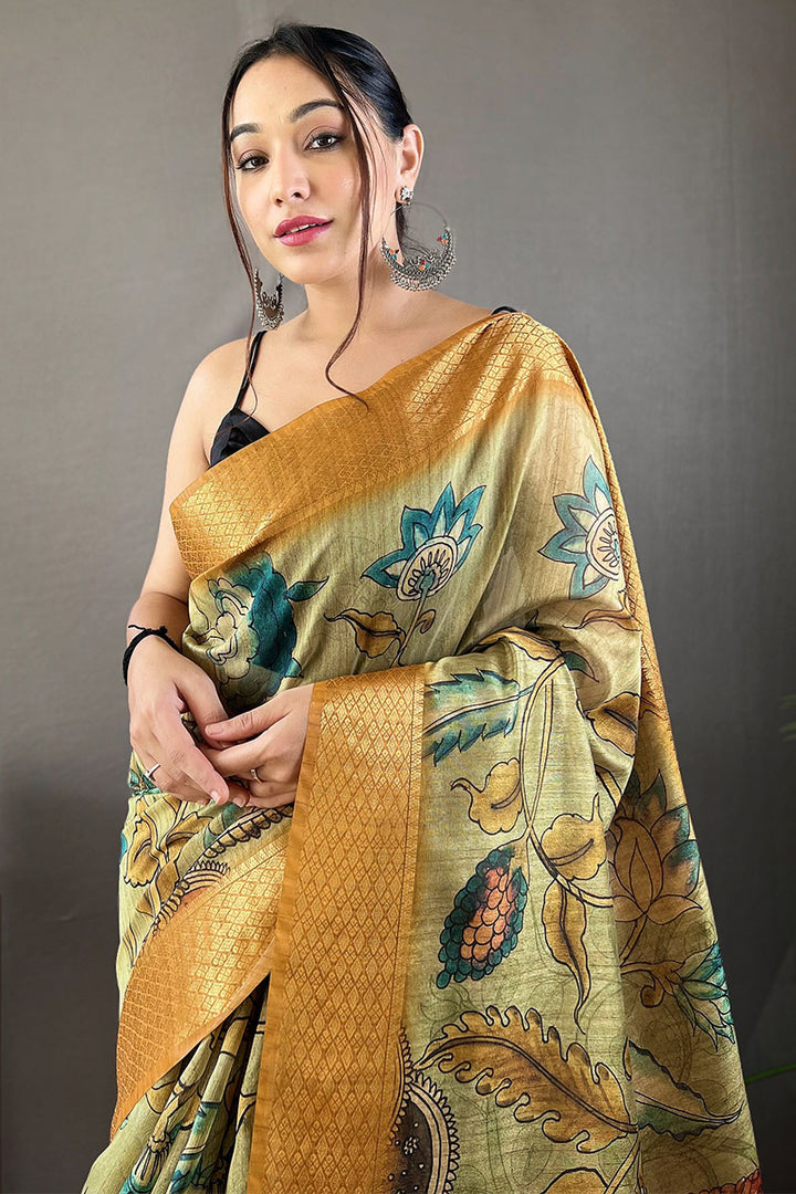 Iguana Green Kalamkari Printed Tussar silk Saree