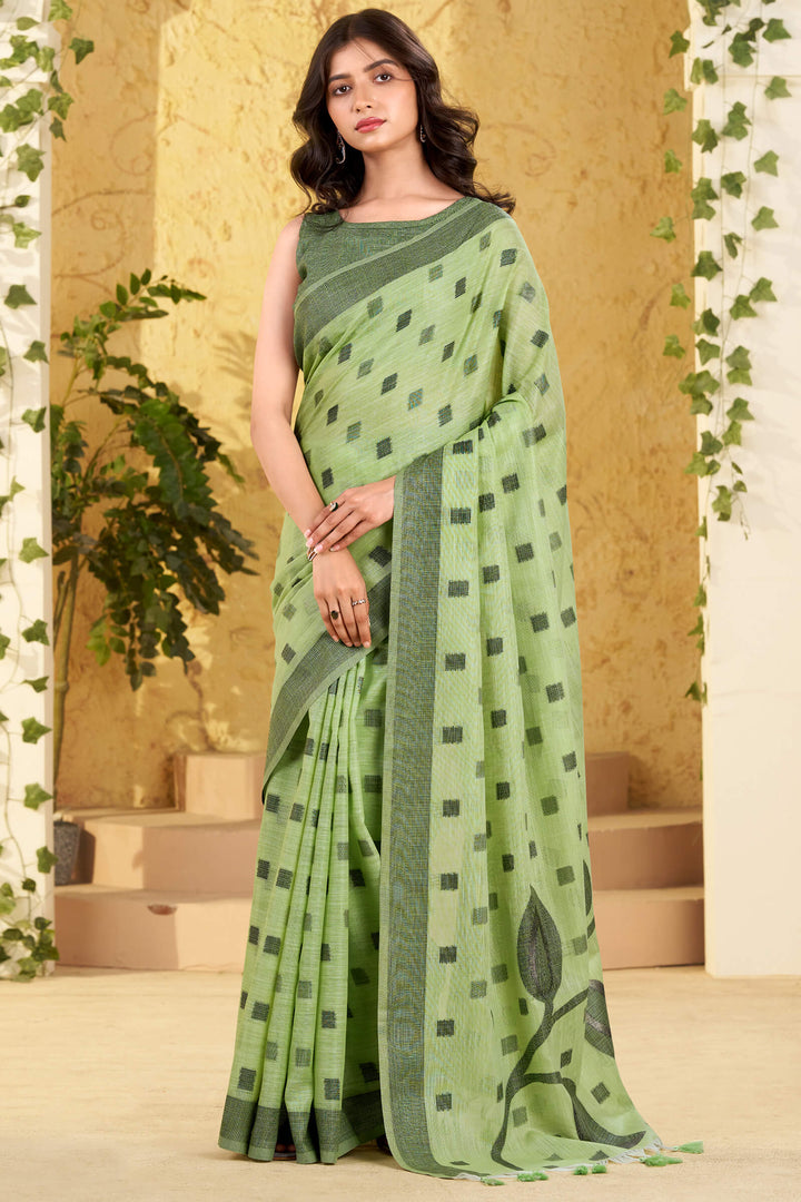 Iguana Green Linen Silk Saree