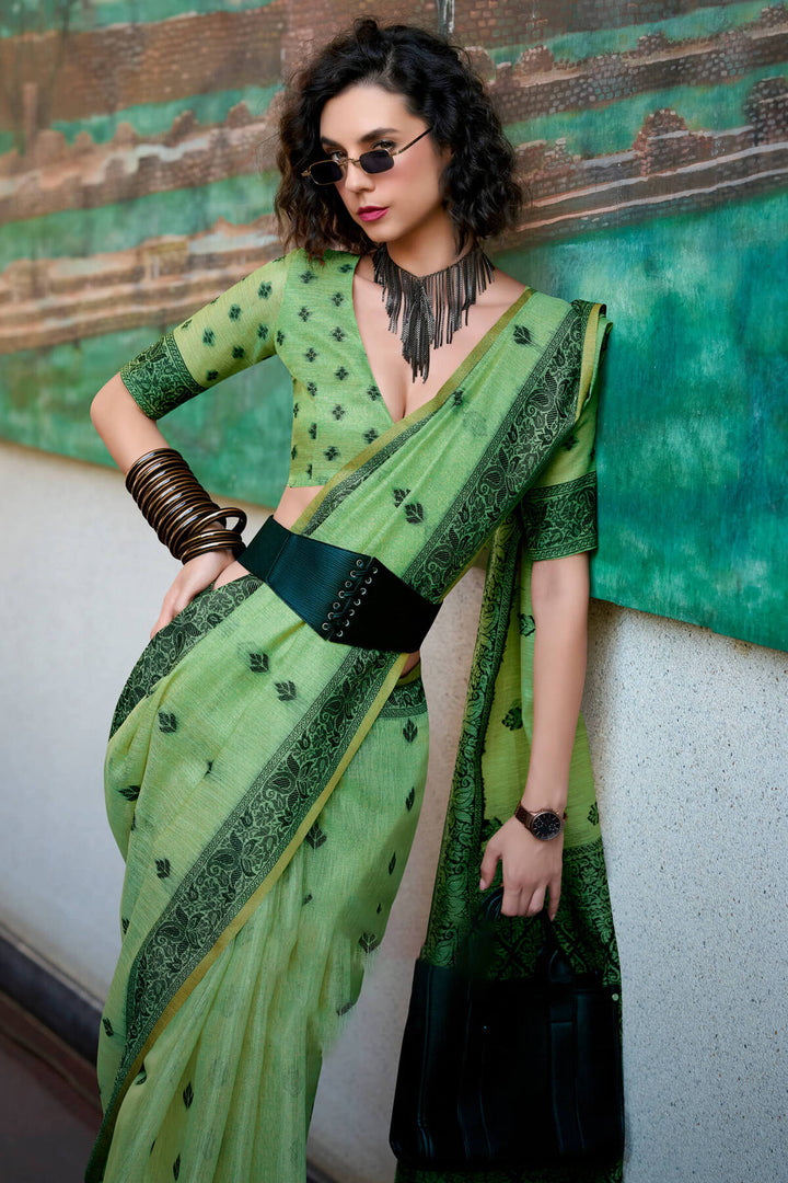 Iguana Green Linen Tissue Silk Saree