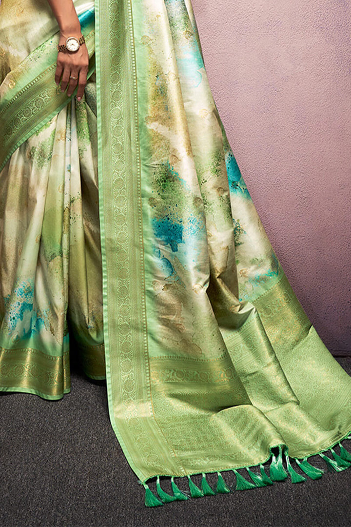 Iguana Green Printed Soft Silk Saree