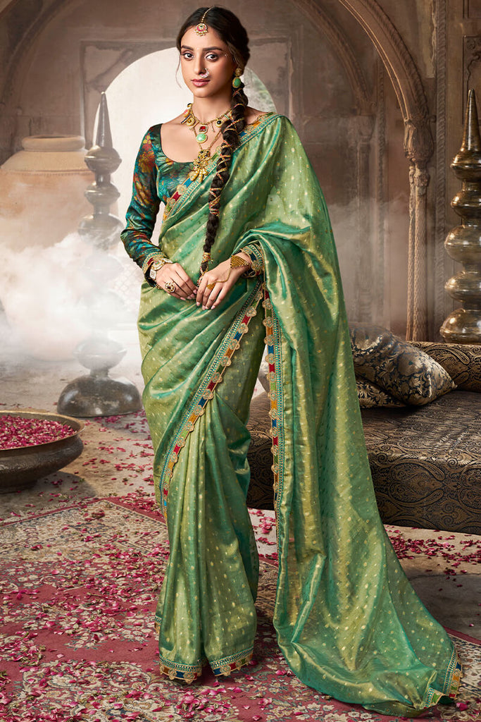 Iguana Green Pure Tissue Silk Saree with Multicolor Lace Border