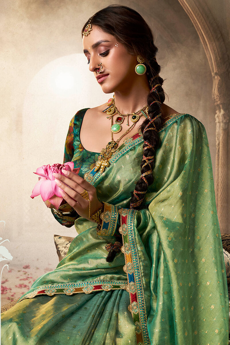 Iguana Green Pure Tissue Silk Saree with Multicolor Lace Border