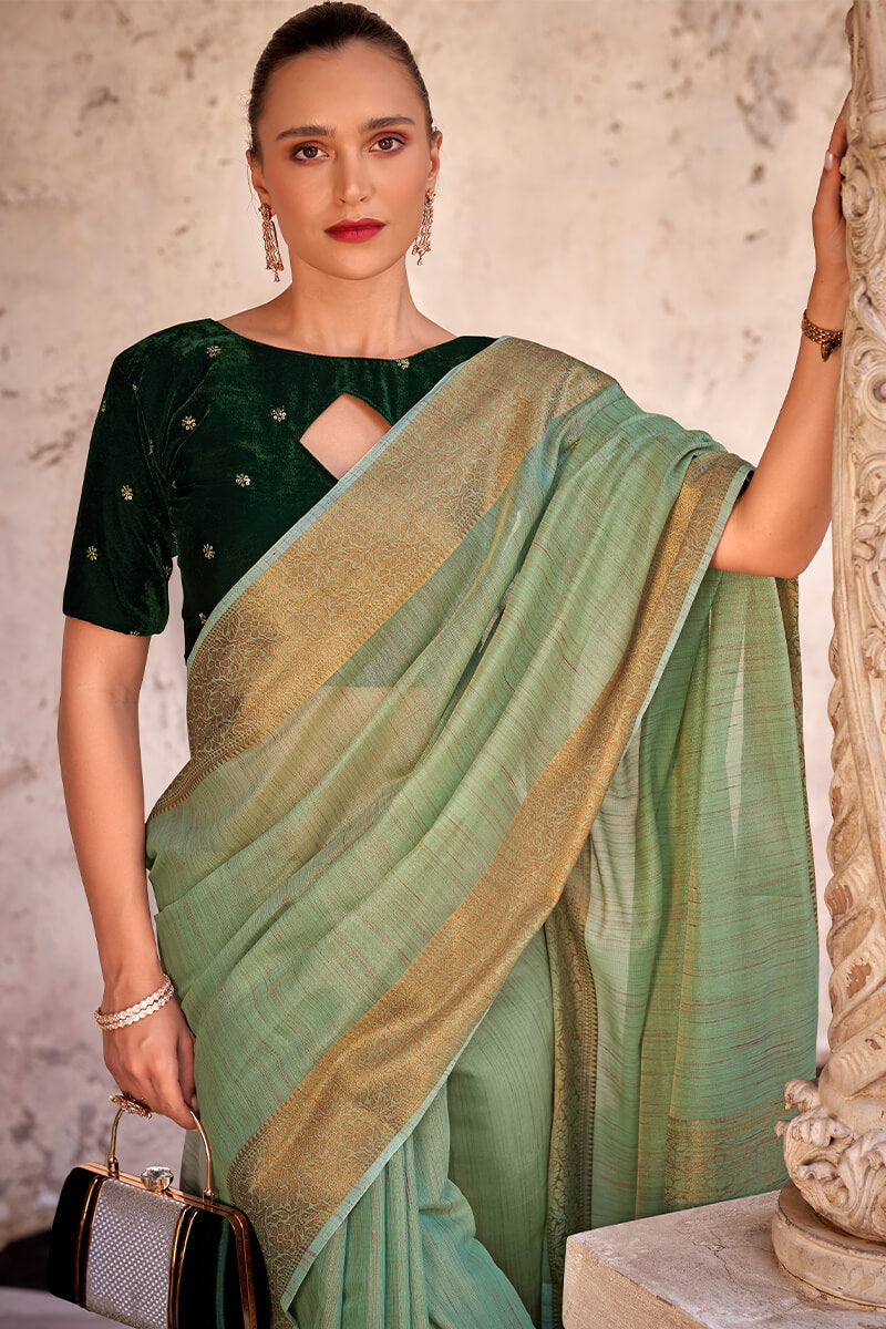 Iguana Green Tissue Linen Saree With Two Blouse Piece