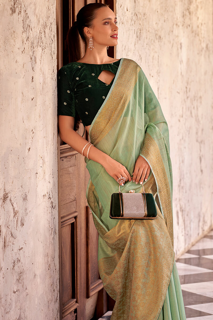 Iguana Green Tissue Linen Saree With Two Blouse Piece