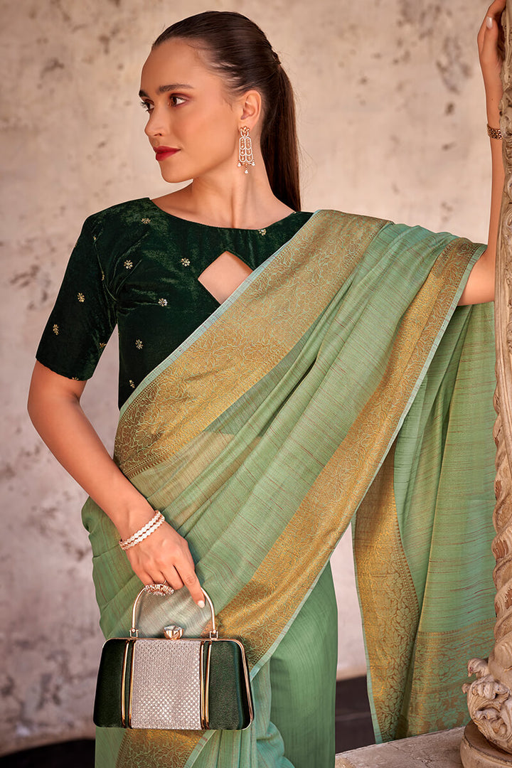 Iguana Green Tissue Linen Saree With Two Blouse Piece