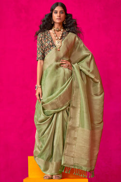 Iguana Green Tissue Silk Saree With Embroidery Blouse Piece