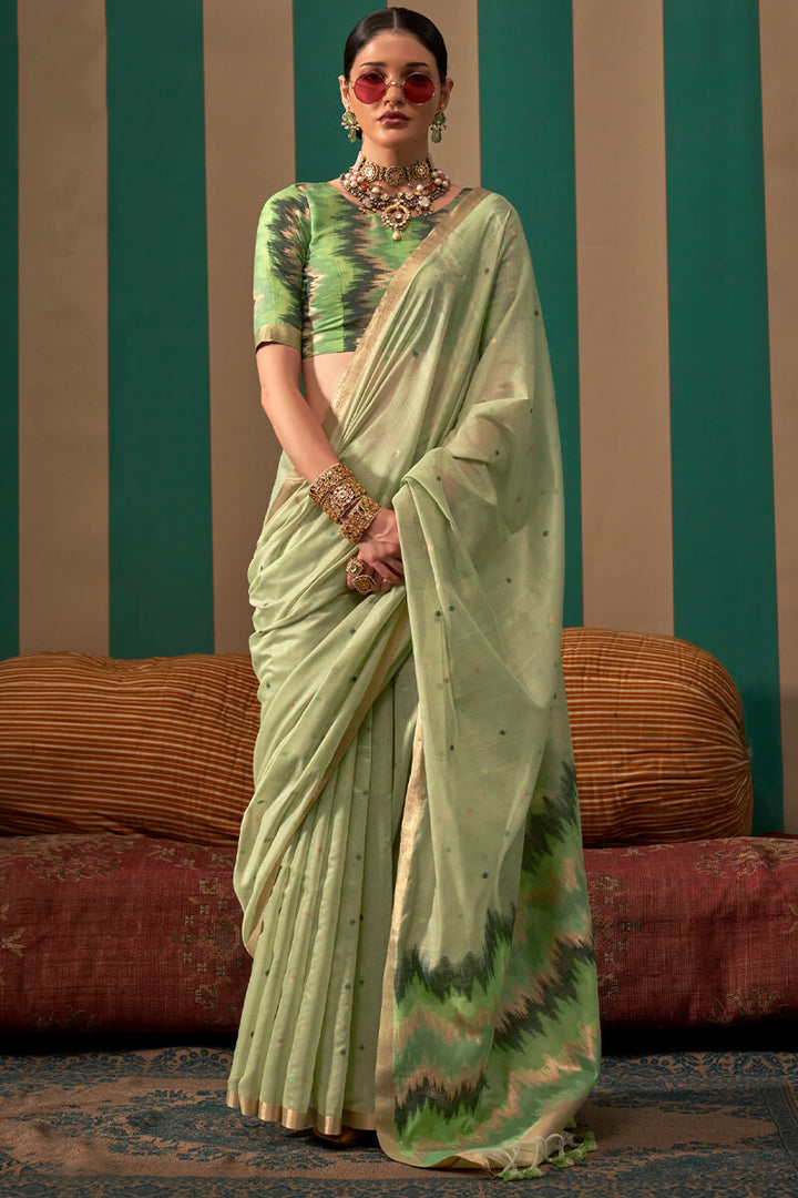 Iguana Green Woven Cotton Silk Saree