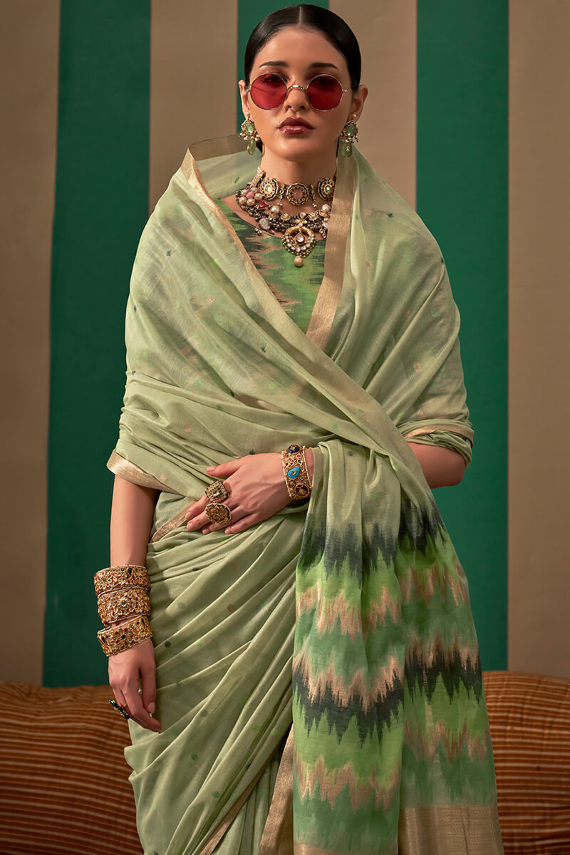 Iguana Green Woven Cotton Silk Saree