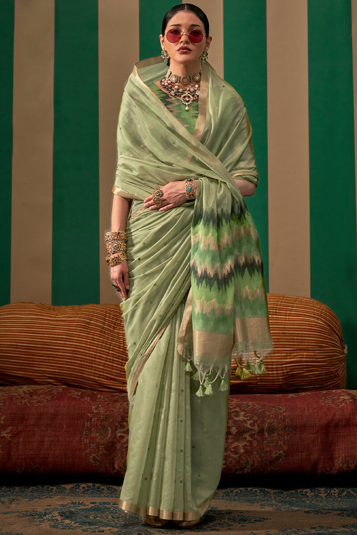 Iguana Green Woven Cotton Silk Saree