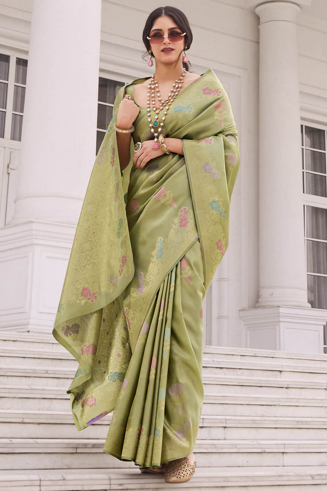 Iguana Green Zari Woven Banarasi Tissue Silk Saree