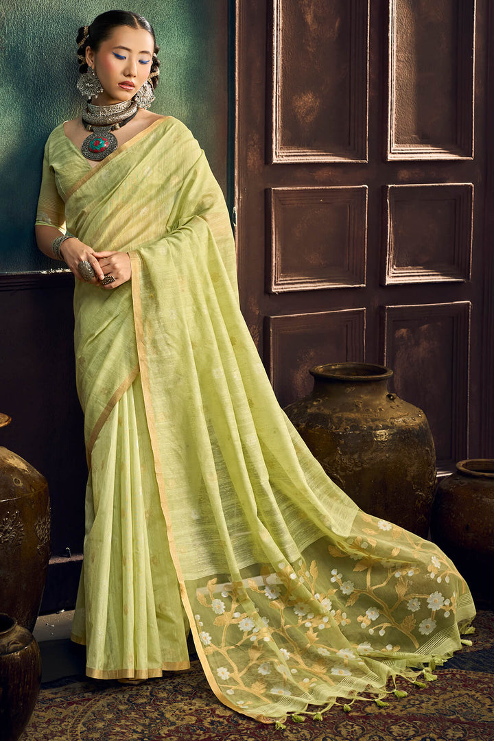 Iguana Green Zari Woven Munga Cotton Saree