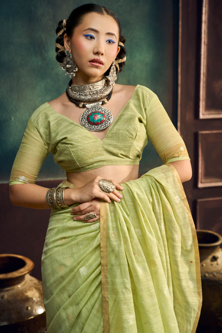 Iguana Green Zari Woven Munga Cotton Saree