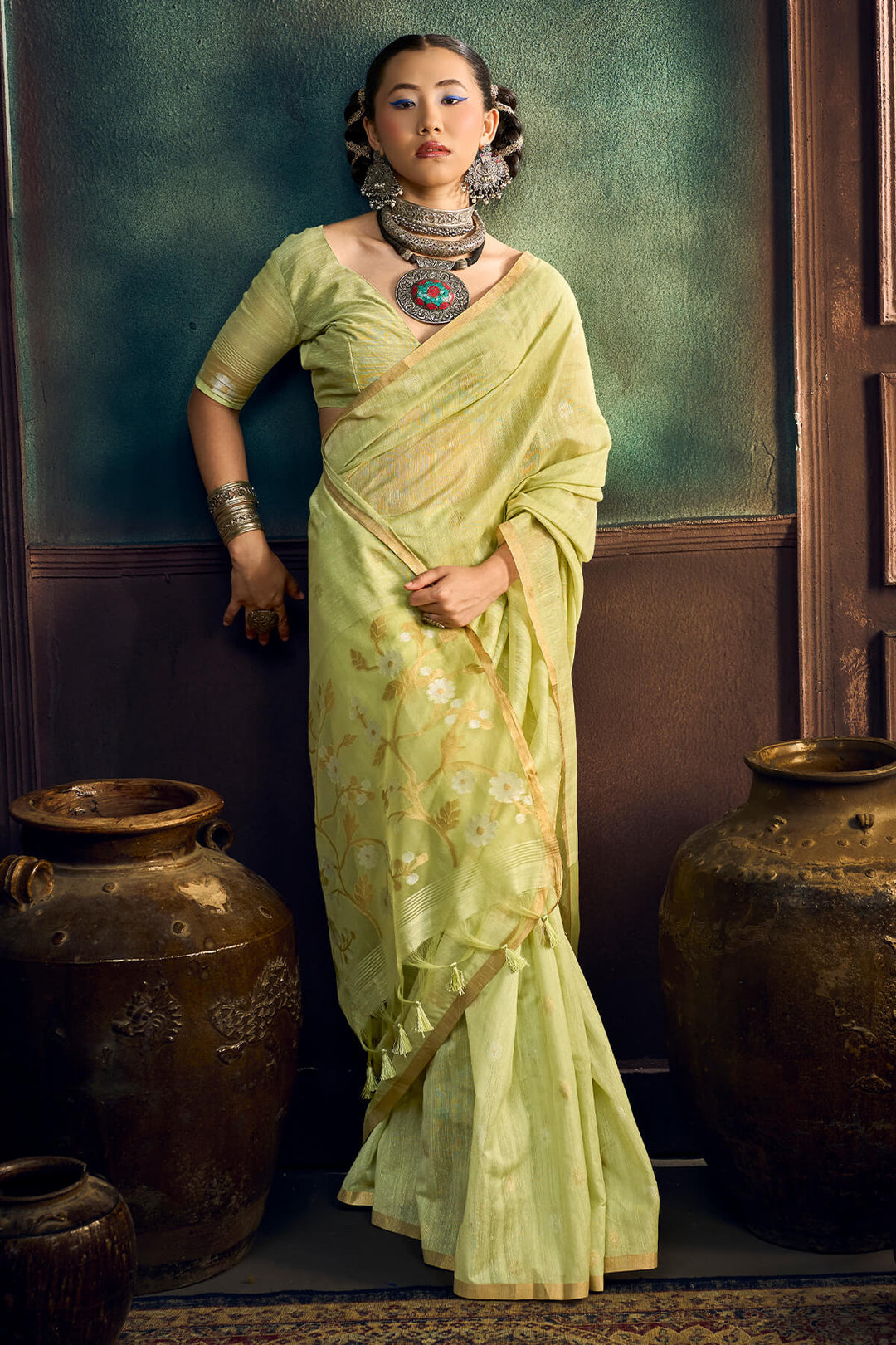 Iguana Green Zari Woven Munga Cotton Saree