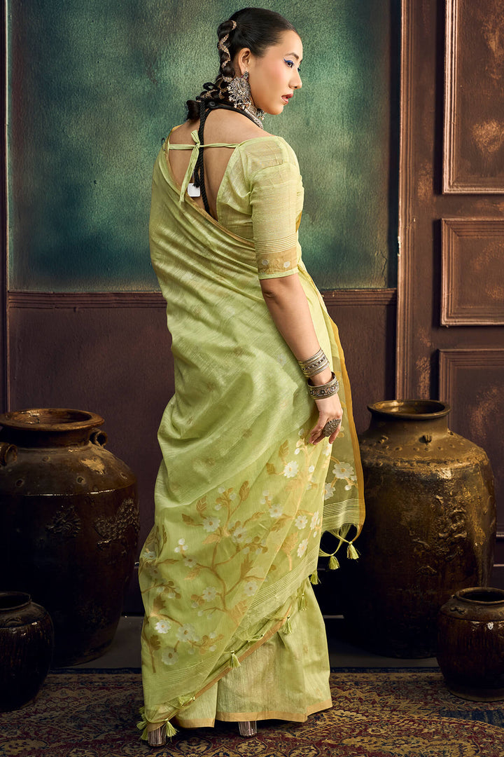 Iguana Green Zari Woven Munga Cotton Saree