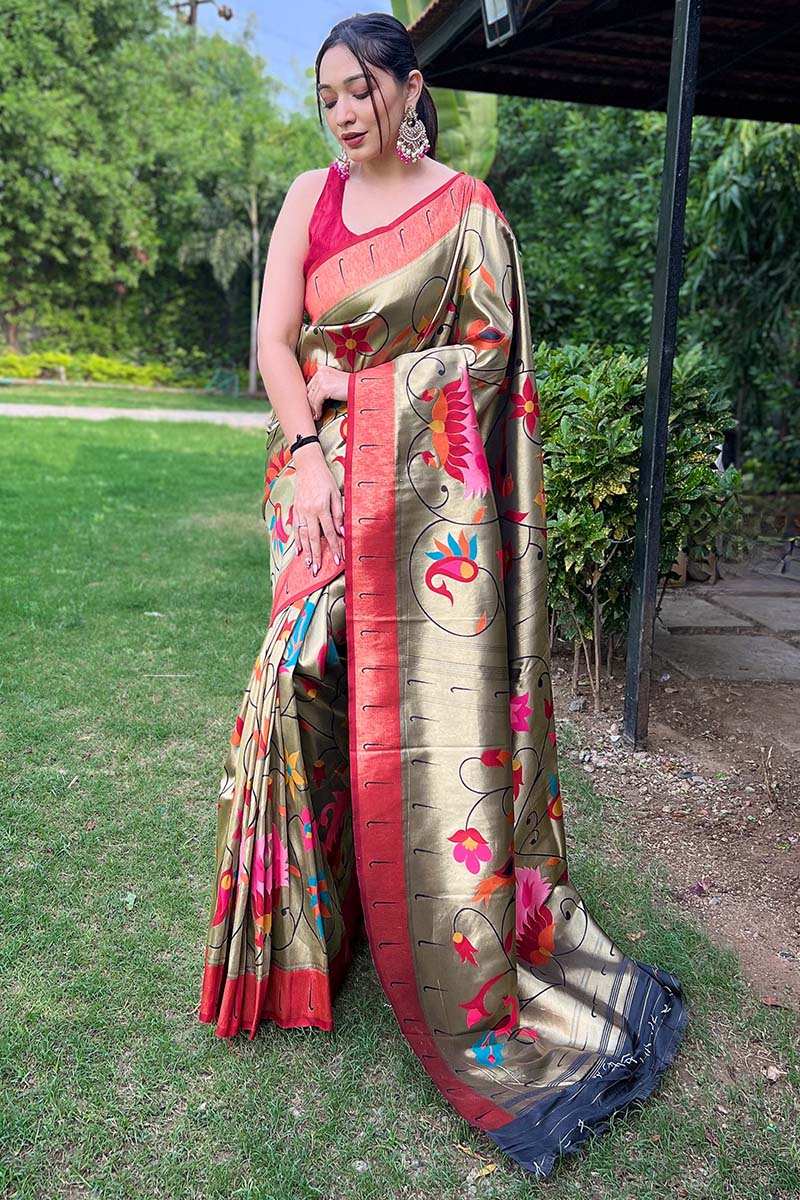 Iguana Green Zari Woven Paithani Silk Saree