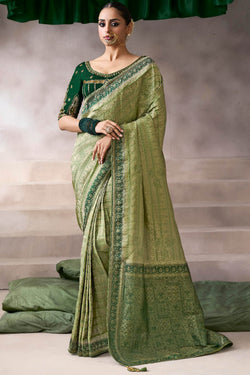 Iguana Green Zari Woven Pure Crape Silk Saree with Designer Blouse Piece