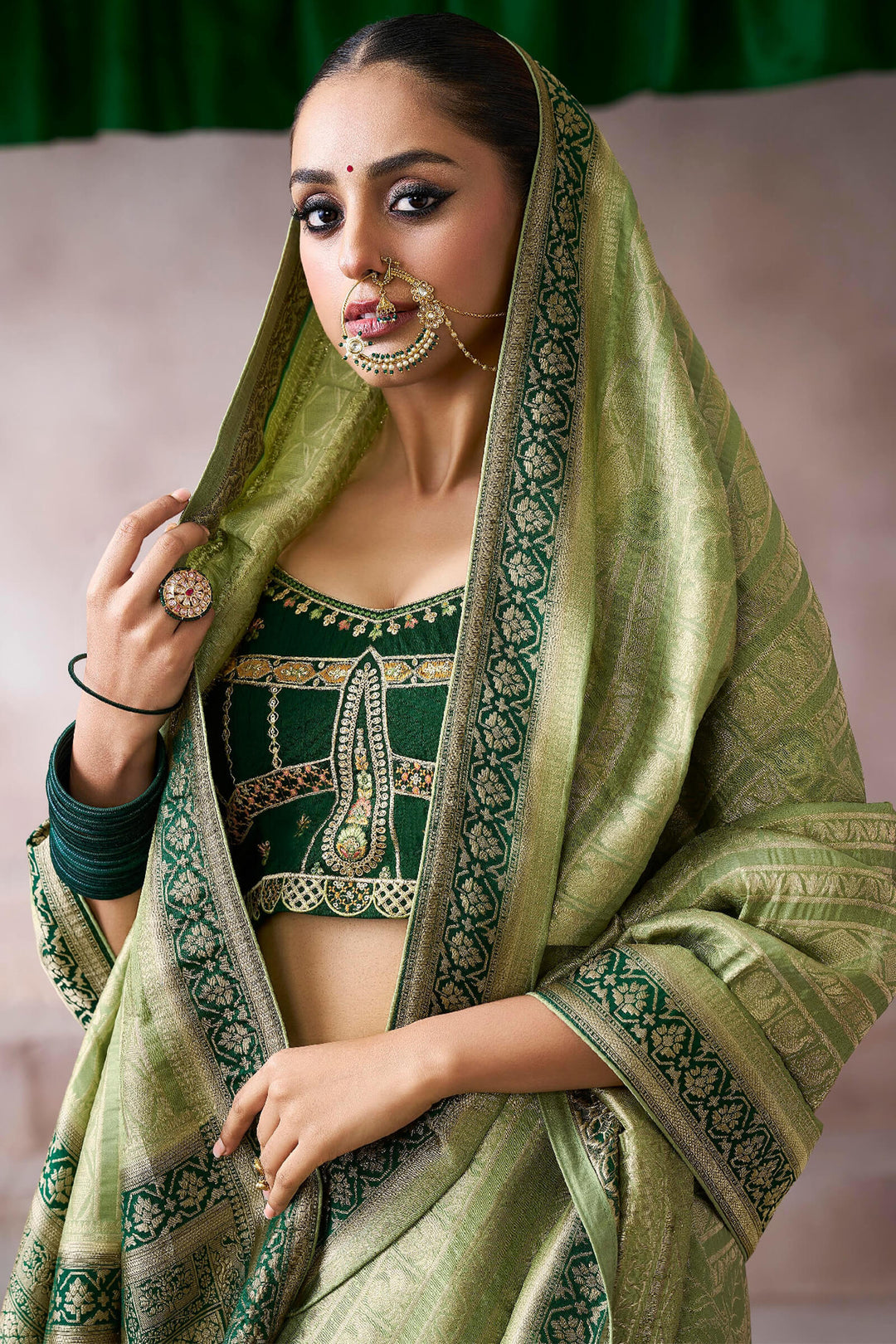 Iguana Green Zari Woven Pure Crape Silk Saree with Designer Blouse Piece