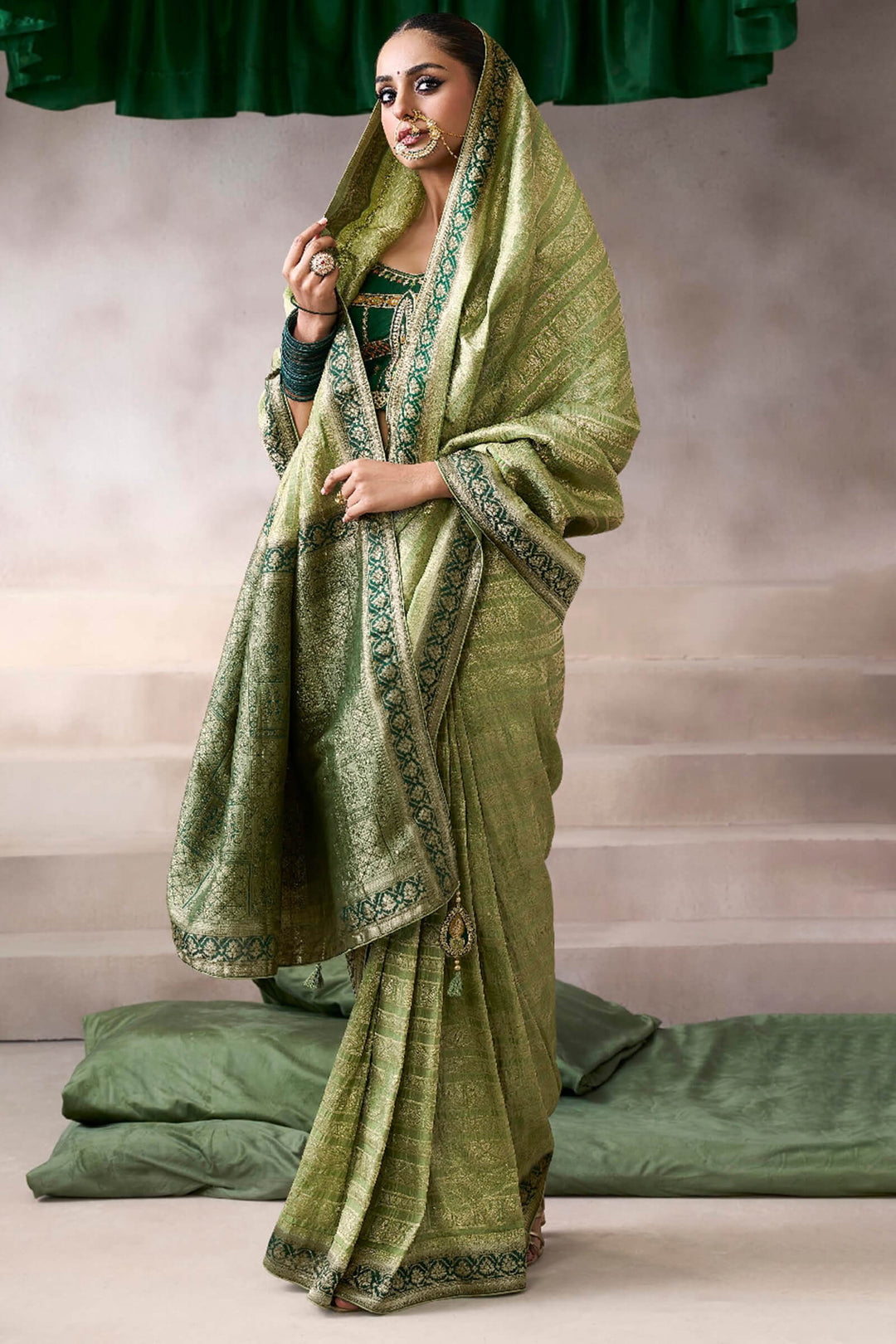 Iguana Green Zari Woven Pure Crape Silk Saree with Designer Blouse Piece