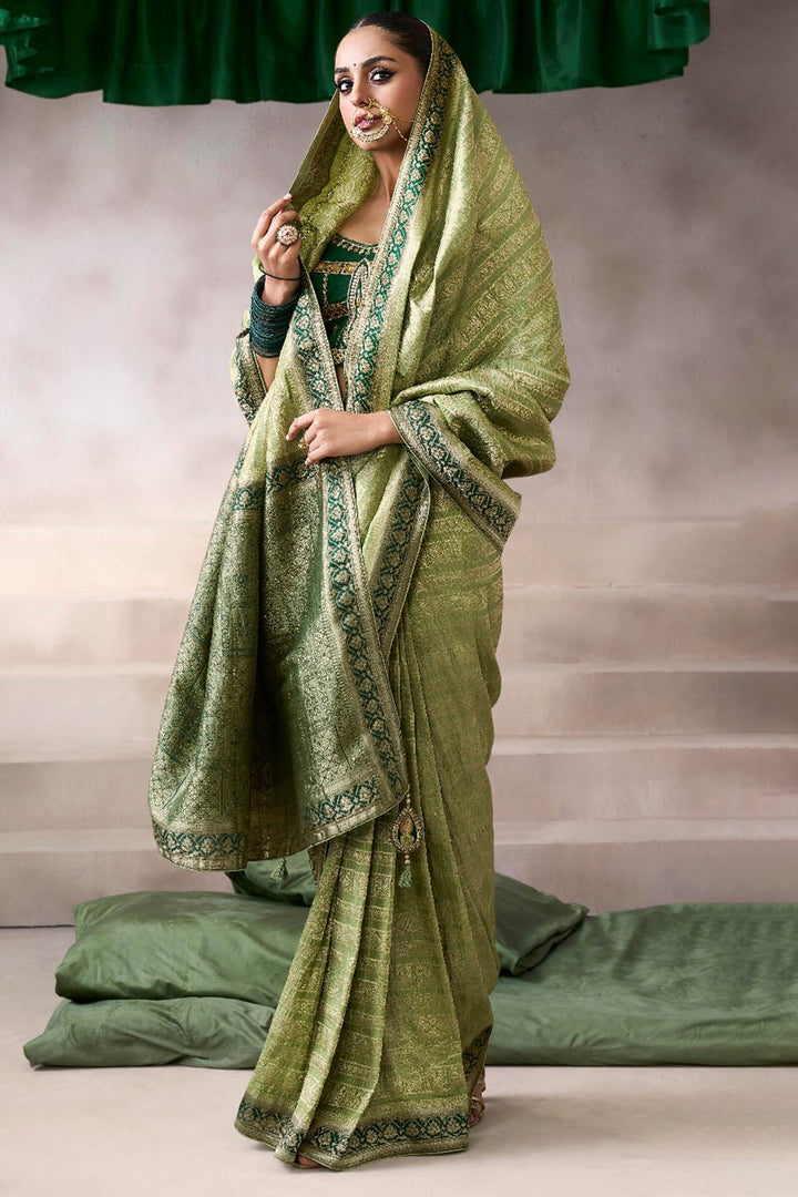 Iguana Green Zari Woven Pure Crape Silk Saree with Designer Blouse Piece
