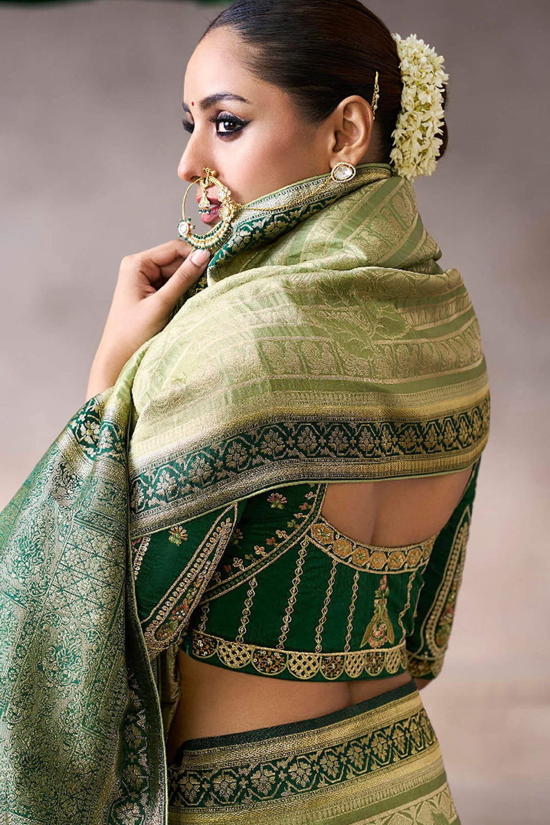 Iguana Green Zari Woven Pure Crape Silk Saree with Designer Blouse Piece