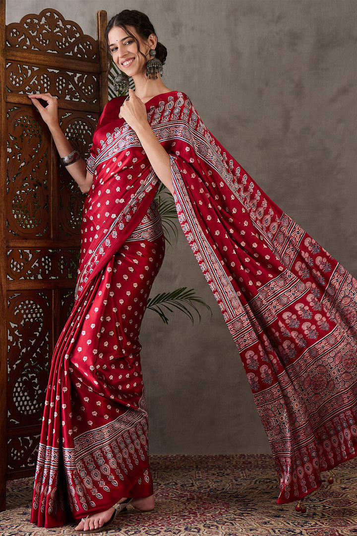 Imperial Maroon Ajrakh Printed Satin Silk Saree