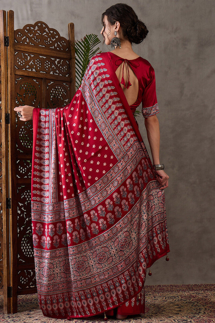 Imperial Maroon Ajrakh Printed Satin Silk Saree