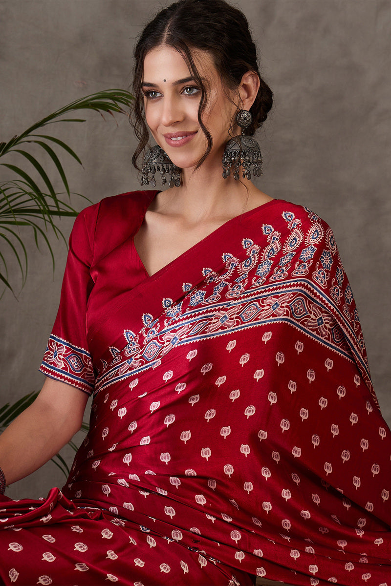 Imperial Maroon Ajrakh Printed Satin Silk Saree