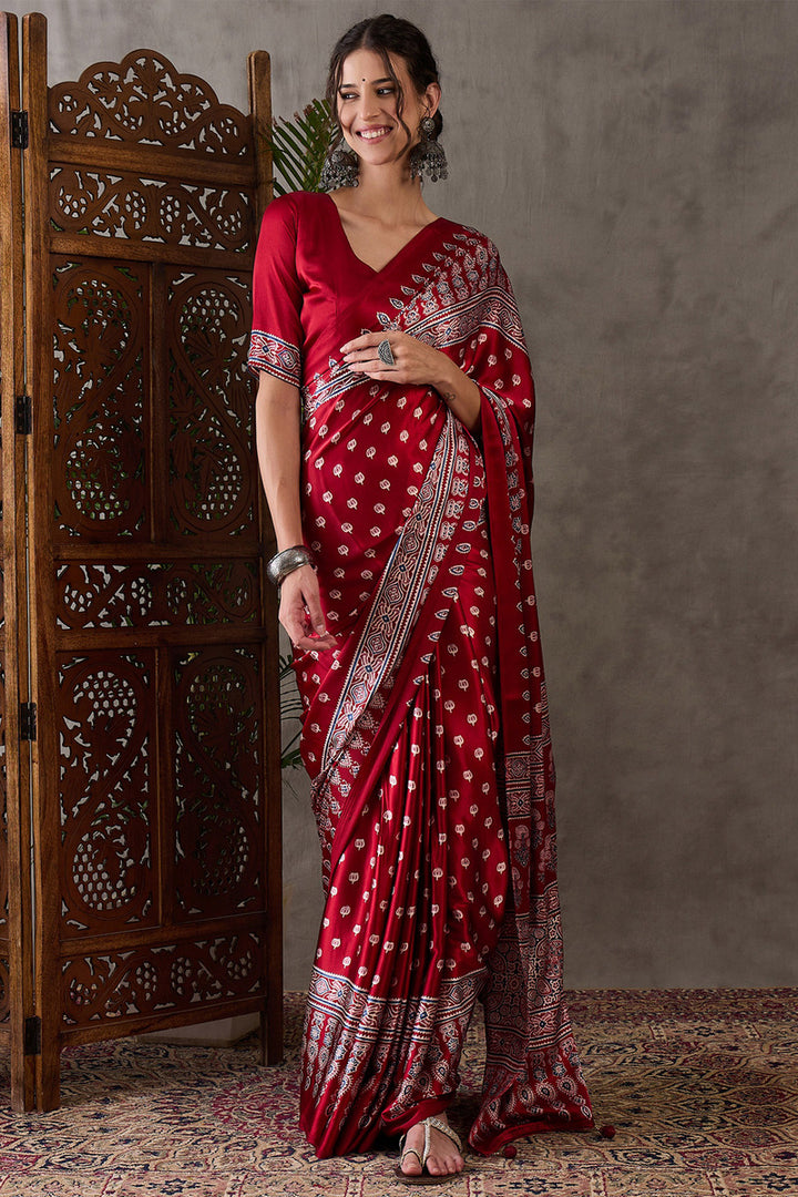 Imperial Maroon Ajrakh Printed Satin Silk Saree